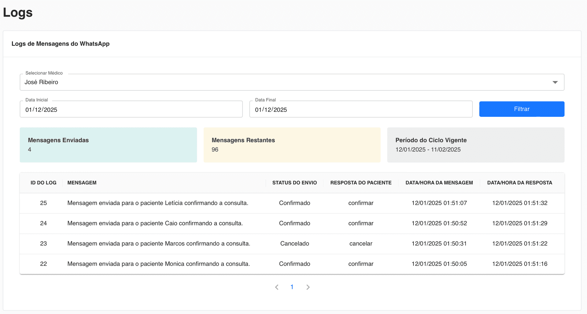 Log/histórico de mensagens